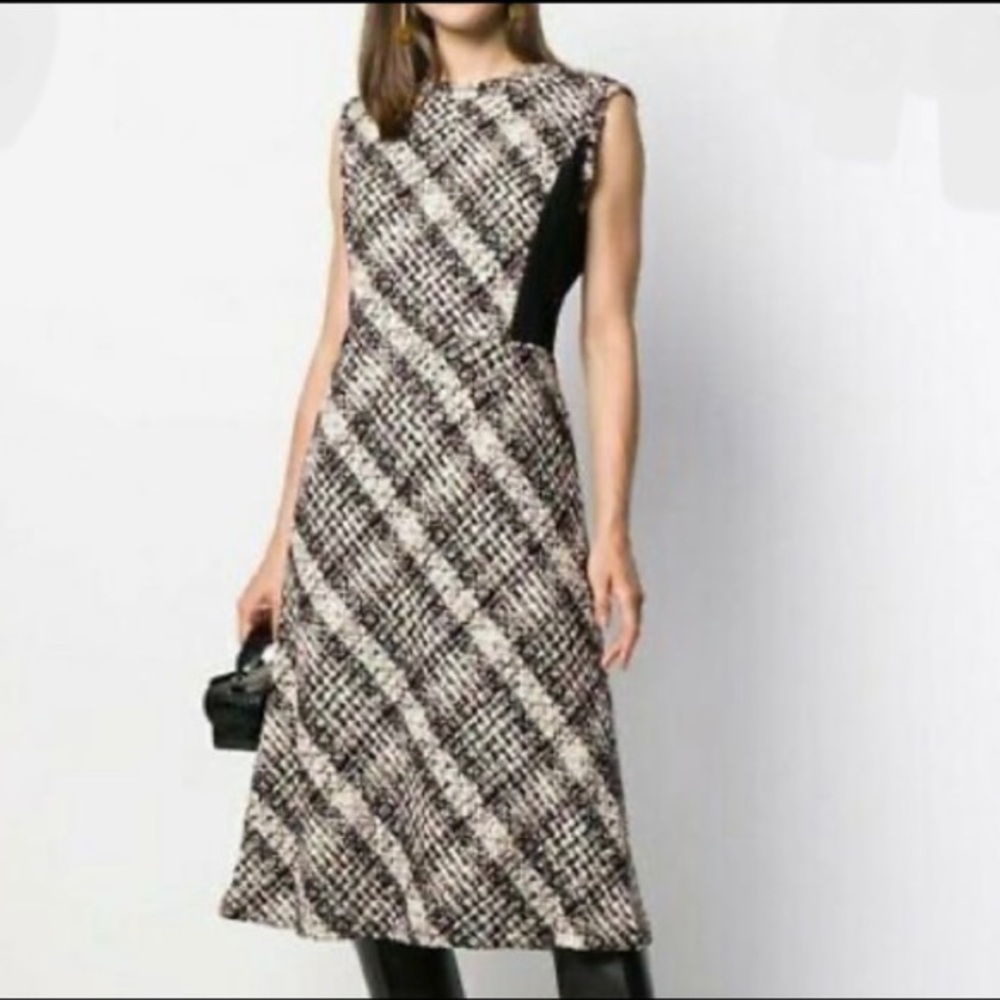 Tory Burch Black and Cream Checkered Midi Dress